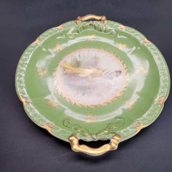 Vintage Platter RC Carmen Bavaria Crown Plate Woman in Garden Green Gold CR14 - Picture 9 of 10
